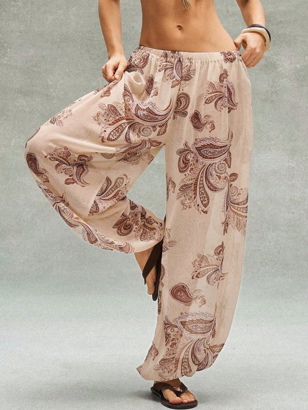 Multicolor Boho Women's Vacation Paisley Print Loose Wide Leg Pants - Picture 3 of 5